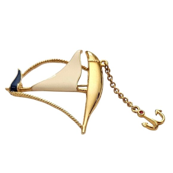 Fernando Originals Gold Tone Enamel Sail Boat Brooch Anchor Chain Dangle, L963 - Picture 4 of 8